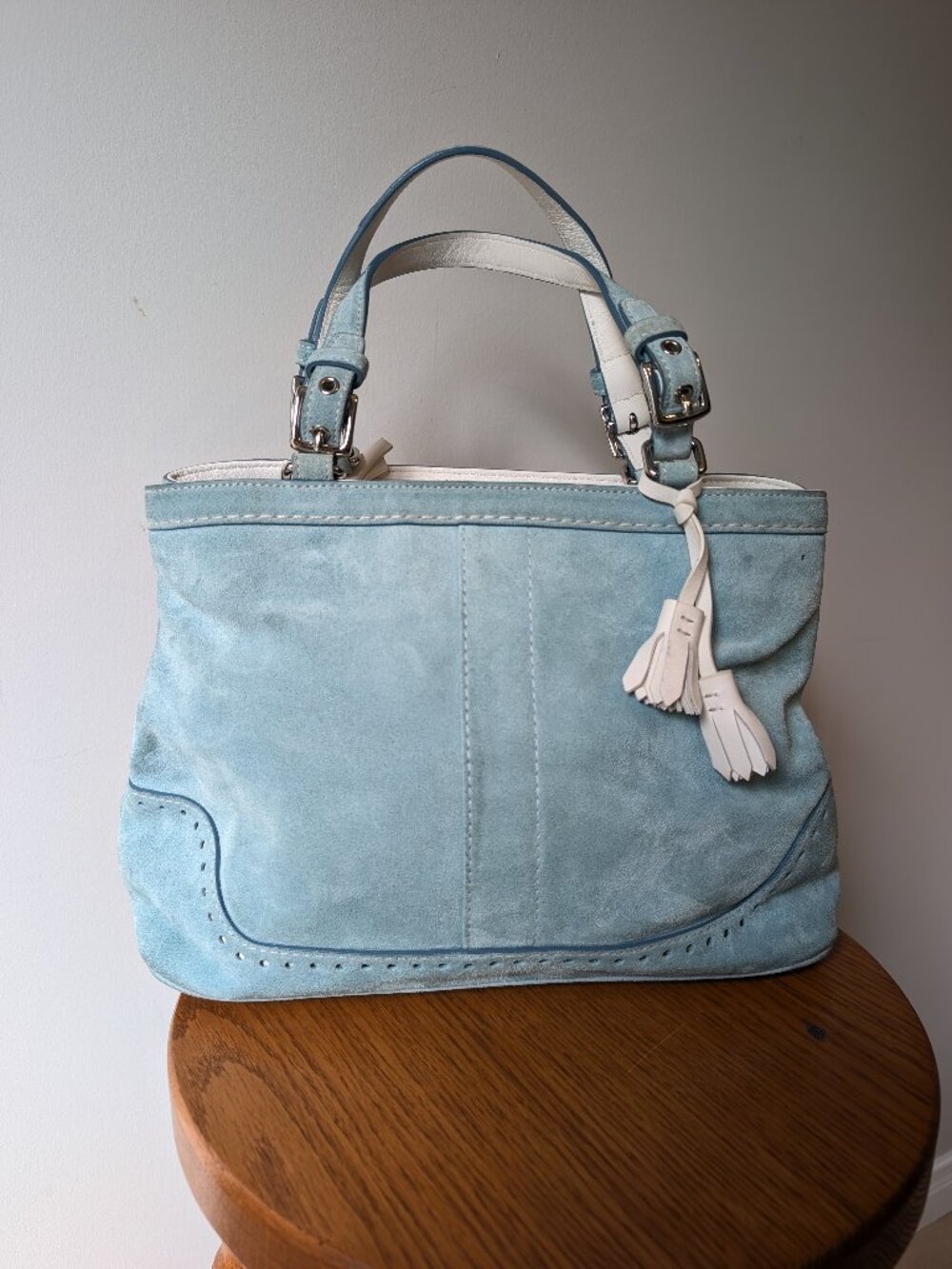 Coach 5007 Teal Hampton Suede Carryall/Tote Bag
